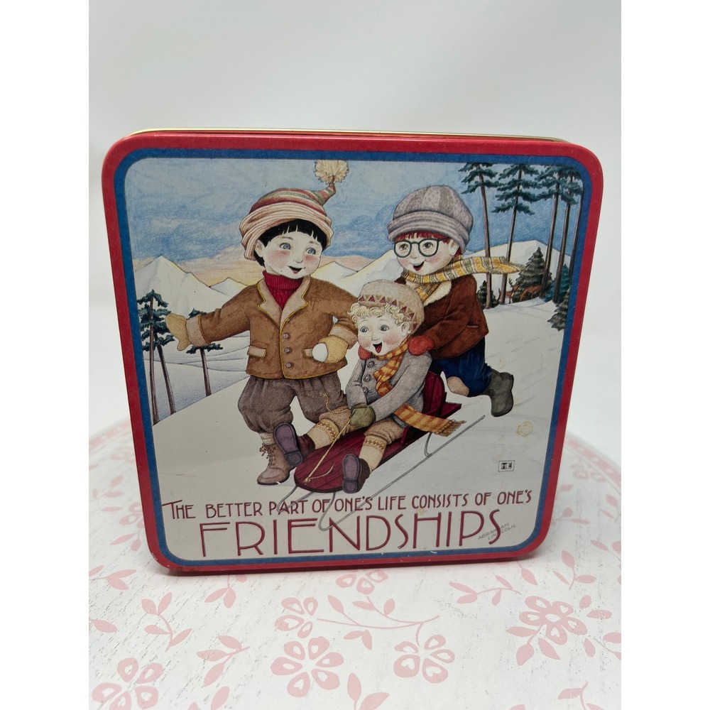 MARY ENGELBREIT Decorative Tin Blue Red Friendship Sledding Winter Scene Box